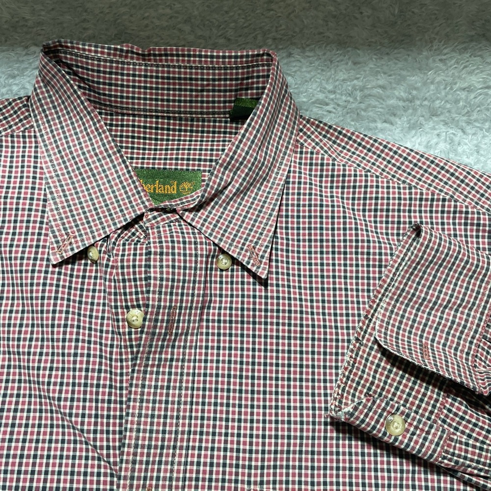 Timberland Mens Large Red Black Check Cotton Long Sleeve Button Down Shirt 0455